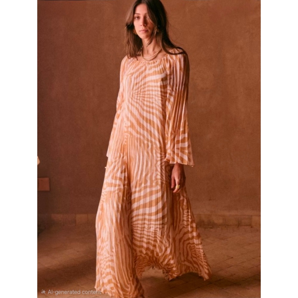 Sezane Julietta Pleated Maxi Dress Tan Cream Zebra Print Long Sleeve Size 34